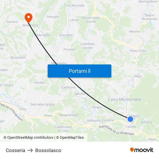 Cosseria to Bossolasco map