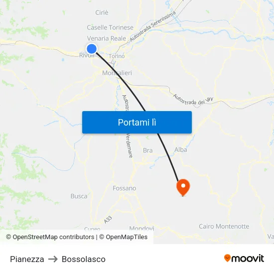 Pianezza to Bossolasco map