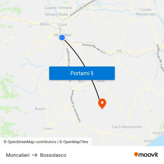 Moncalieri to Bossolasco map