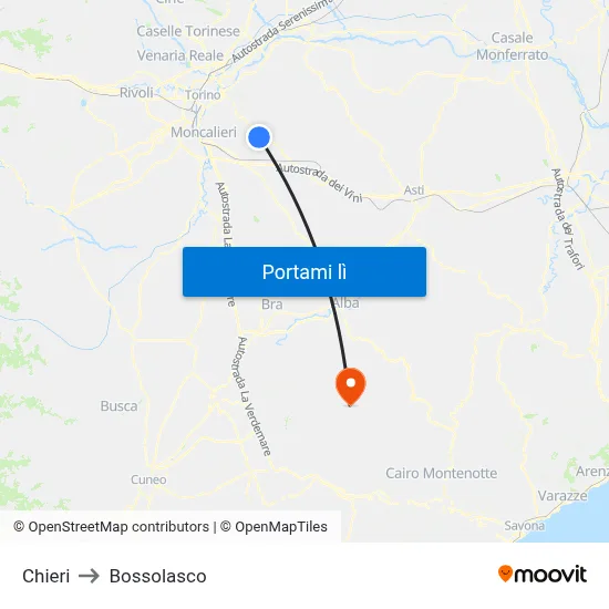 Chieri to Bossolasco map