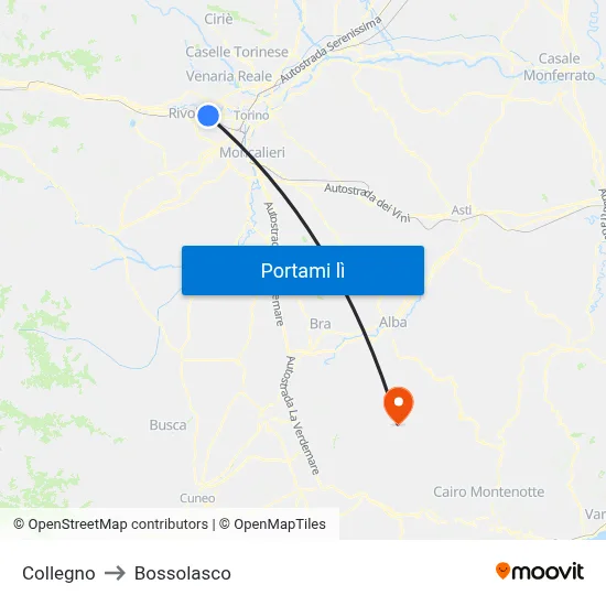 Collegno to Bossolasco map