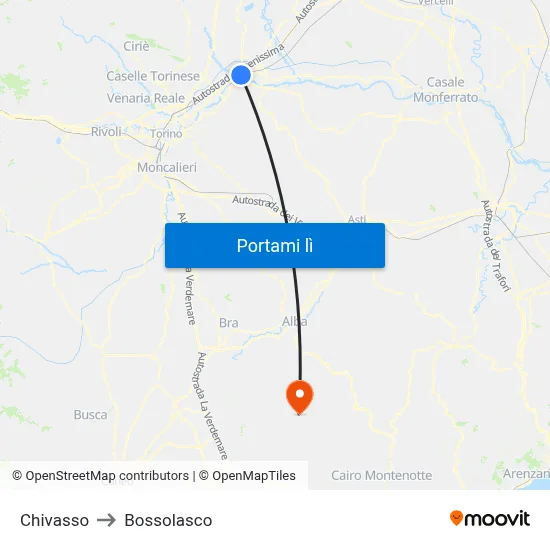 Chivasso to Bossolasco map