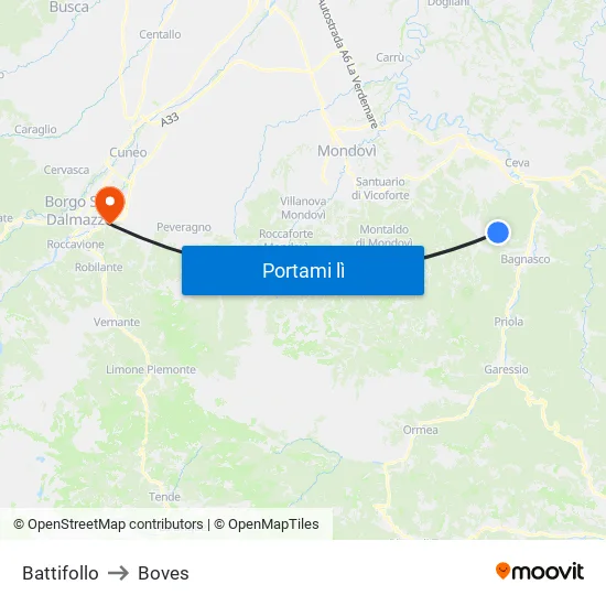 Battifollo to Boves map