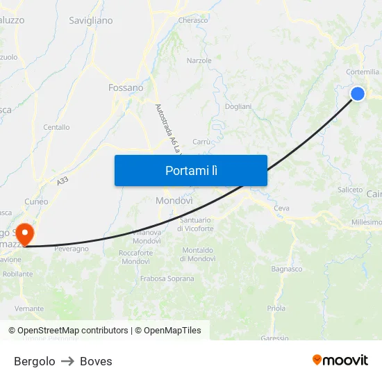 Bergolo to Boves map