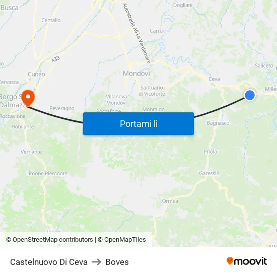 Castelnuovo Di Ceva to Boves map