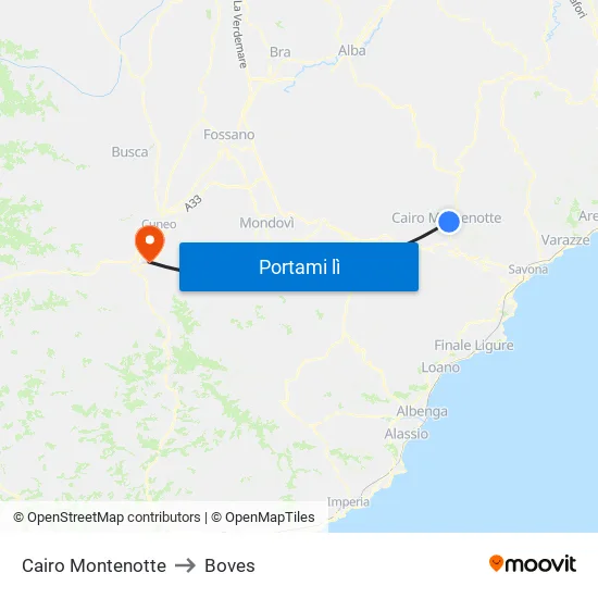 Cairo Montenotte to Boves map