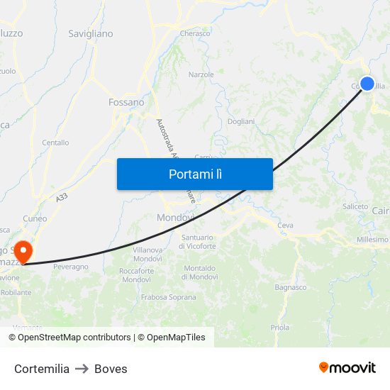 Cortemilia to Boves map