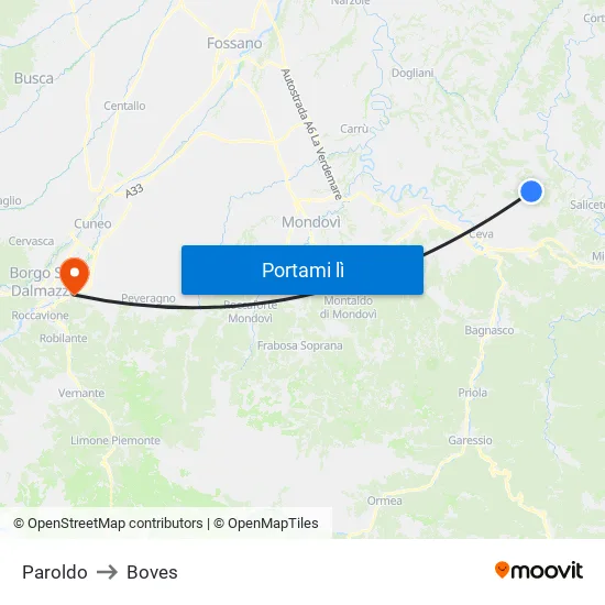 Paroldo to Boves map