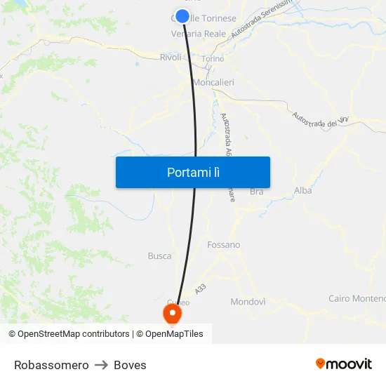 Robassomero to Boves map