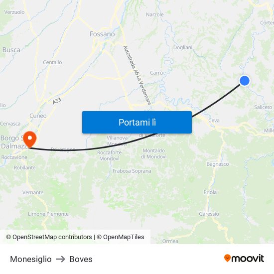 Monesiglio to Boves map