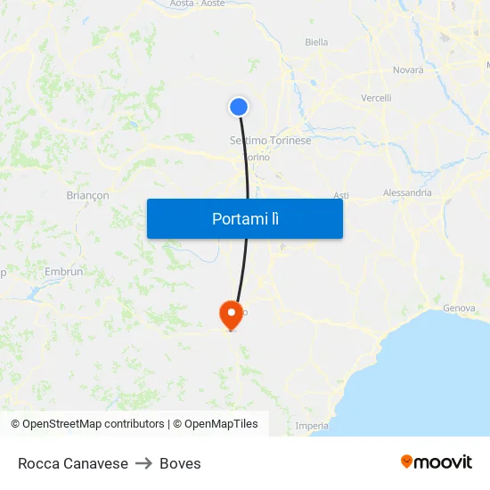 Rocca Canavese to Boves map
