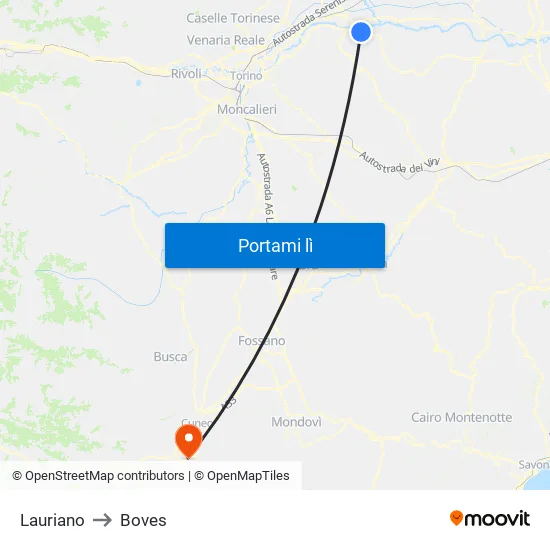 Lauriano to Boves map