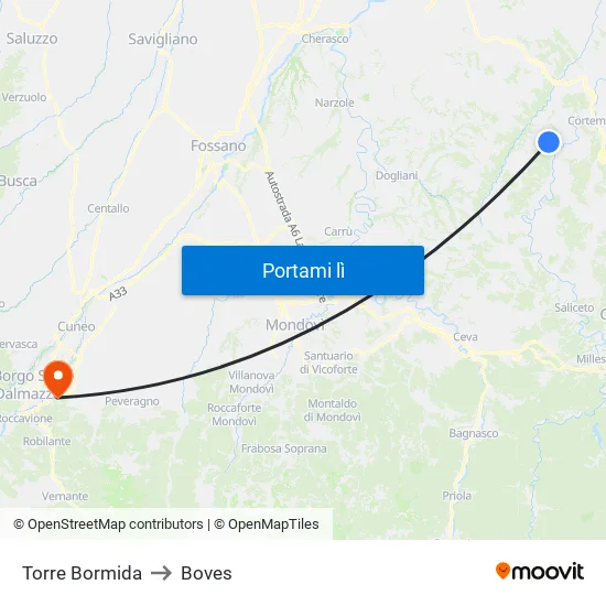 Torre Bormida to Boves map