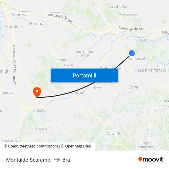 Montaldo Scarampi to Bra map