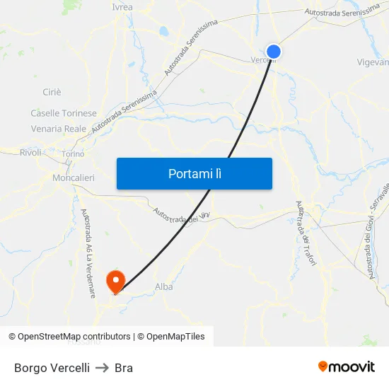 Borgo Vercelli to Bra map
