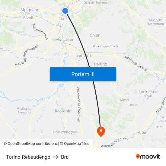 Torino Rebaudengo to Bra map