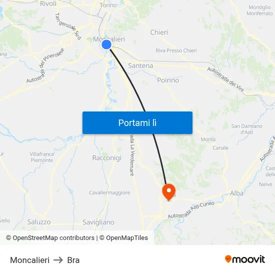 Moncalieri to Bra map