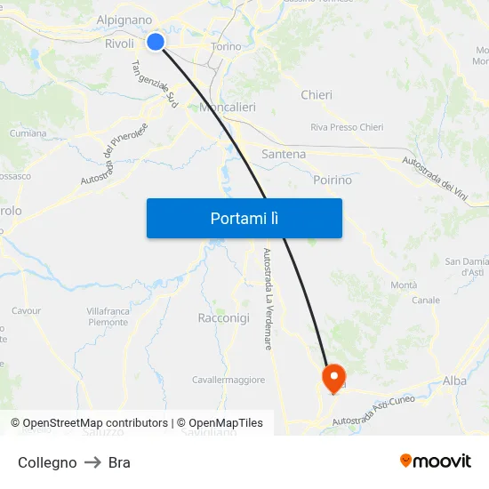 Collegno to Bra map