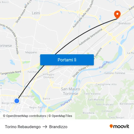 Torino Rebaudengo to Brandizzo map