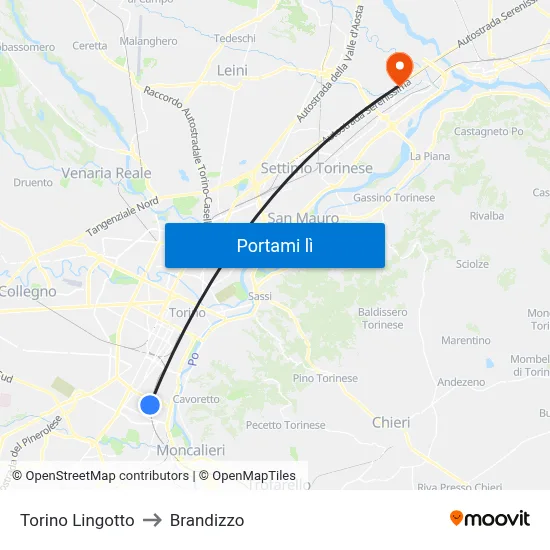 Torino Lingotto to Brandizzo map