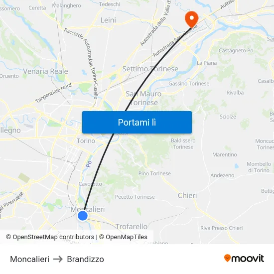 Moncalieri to Brandizzo map