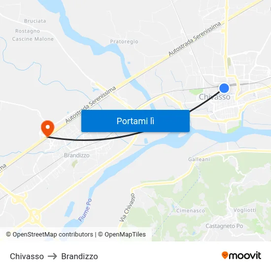 Chivasso to Brandizzo map