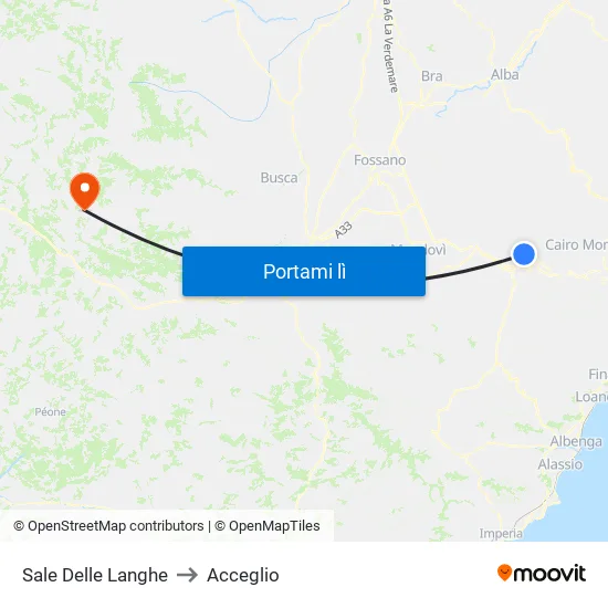 Sale Delle Langhe to Acceglio map