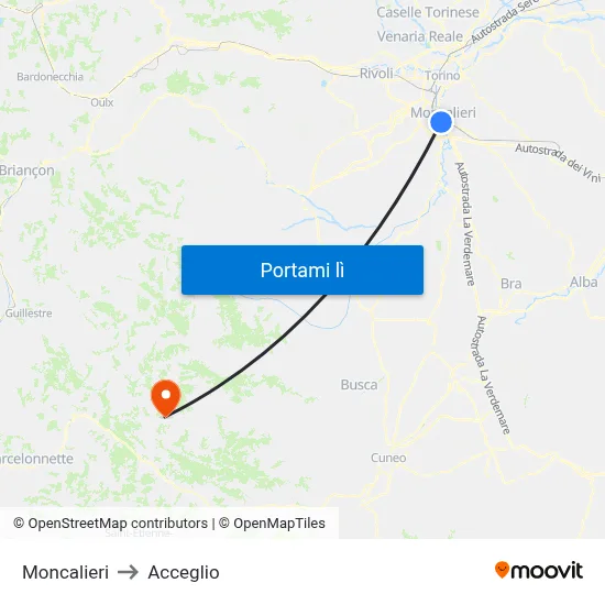 Moncalieri to Acceglio map