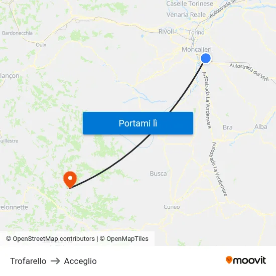 Trofarello to Acceglio map