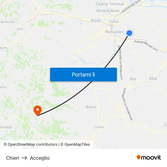 Chieri to Acceglio map