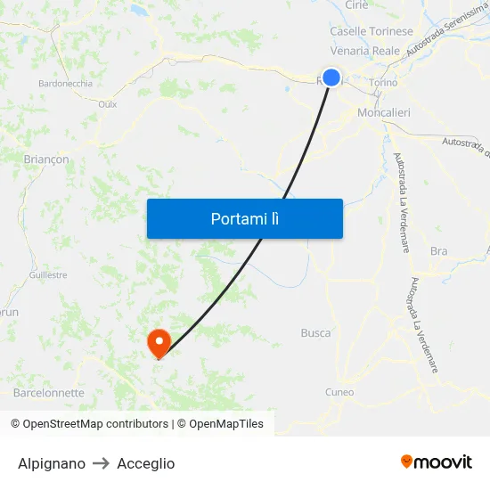 Alpignano to Acceglio map