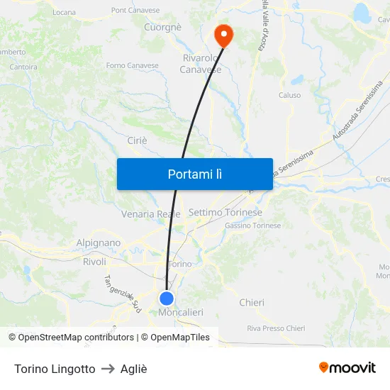 Torino Lingotto to Agliè map