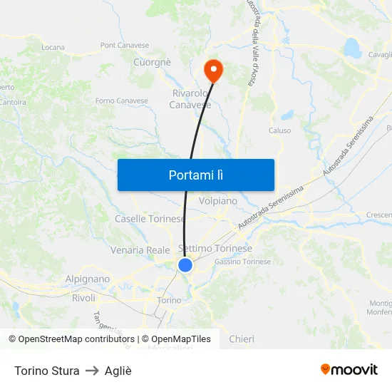 Torino Stura to Agliè map