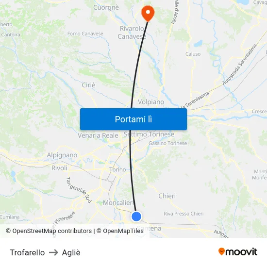 Trofarello to Agliè map