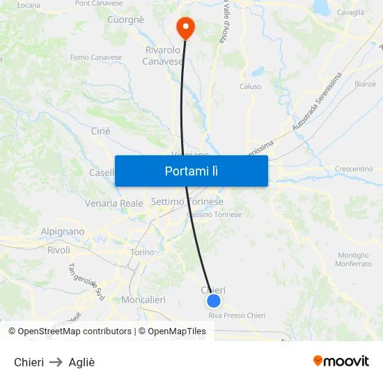 Chieri to Agliè map