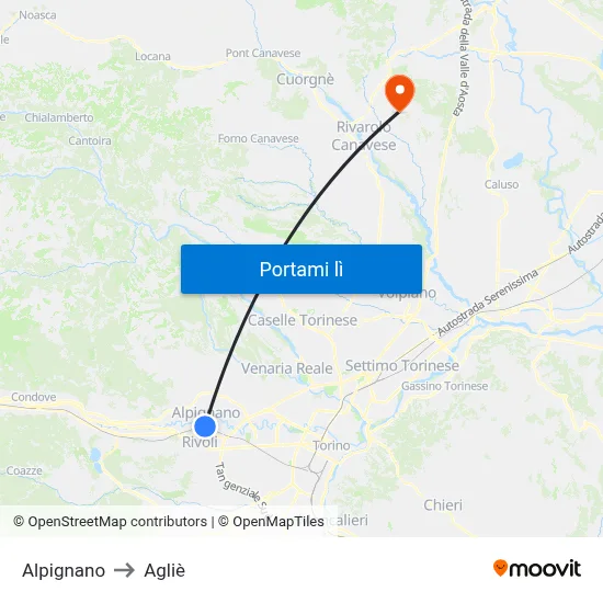 Alpignano to Agliè map