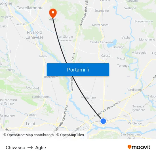 Chivasso to Agliè map