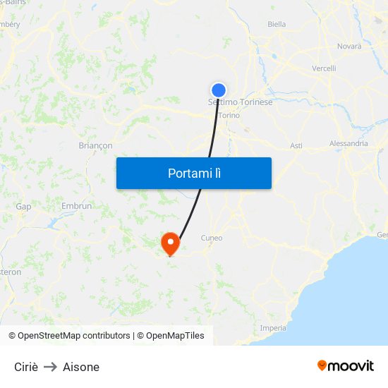 Ciriè to Aisone map