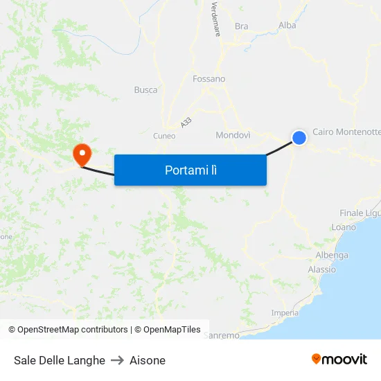 Sale Delle Langhe to Aisone map