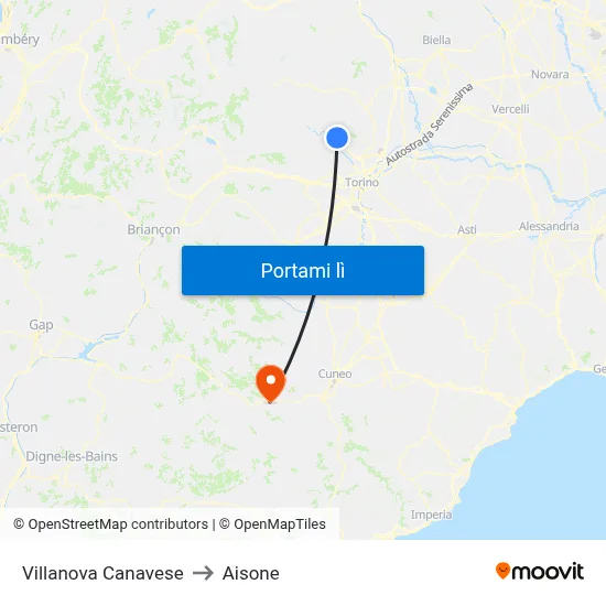 Villanova Canavese to Aisone map