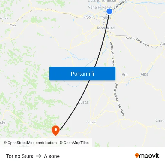 Torino Stura to Aisone map