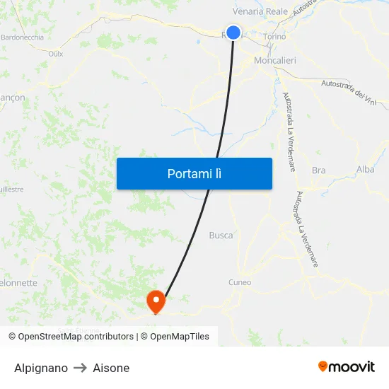 Alpignano to Aisone map