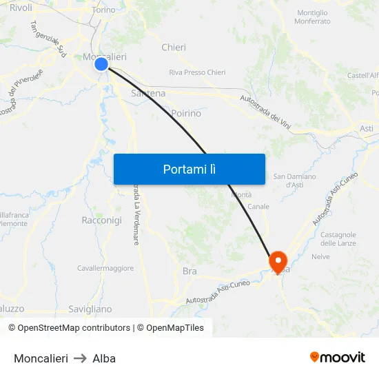 Moncalieri to Alba map