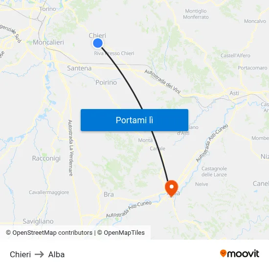 Chieri to Alba map