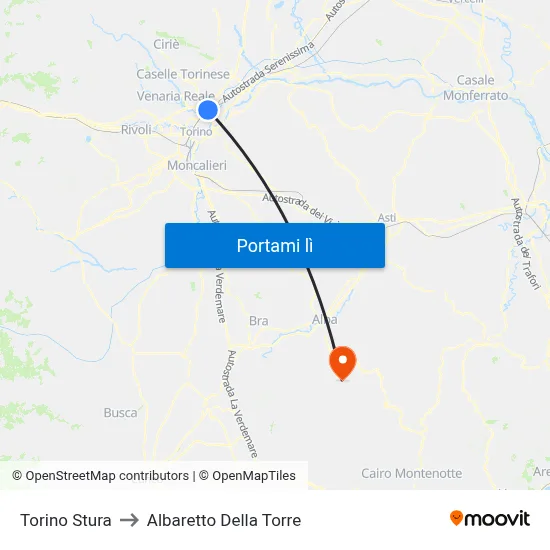 Torino Stura to Albaretto Della Torre map