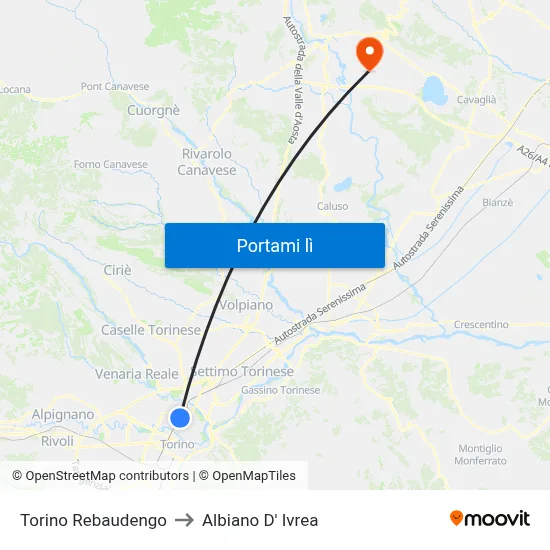Torino Rebaudengo to Albiano D' Ivrea map