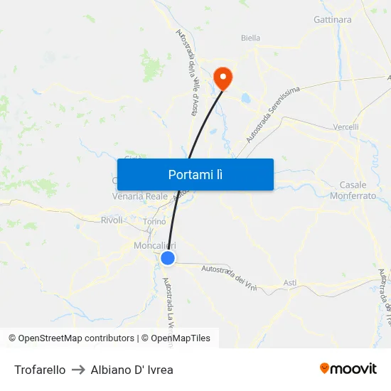 Trofarello to Albiano D' Ivrea map