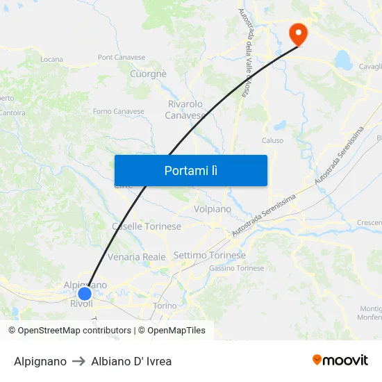 Alpignano to Albiano D' Ivrea map