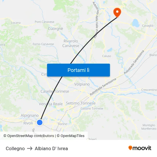 Collegno to Albiano D' Ivrea map