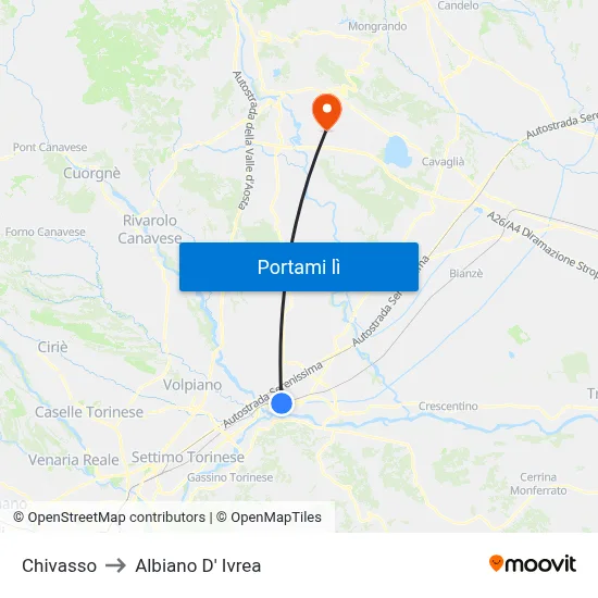 Chivasso to Albiano D' Ivrea map